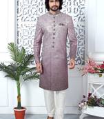 purple computer thread work on art silk sherwani for men 