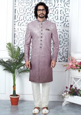 purple computer thread work on art silk sherwani for men  2