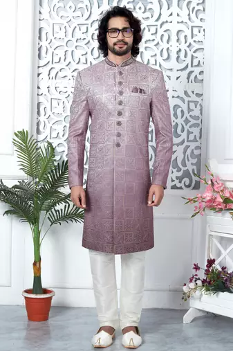 purple computer thread work on art silk sherwani for men 