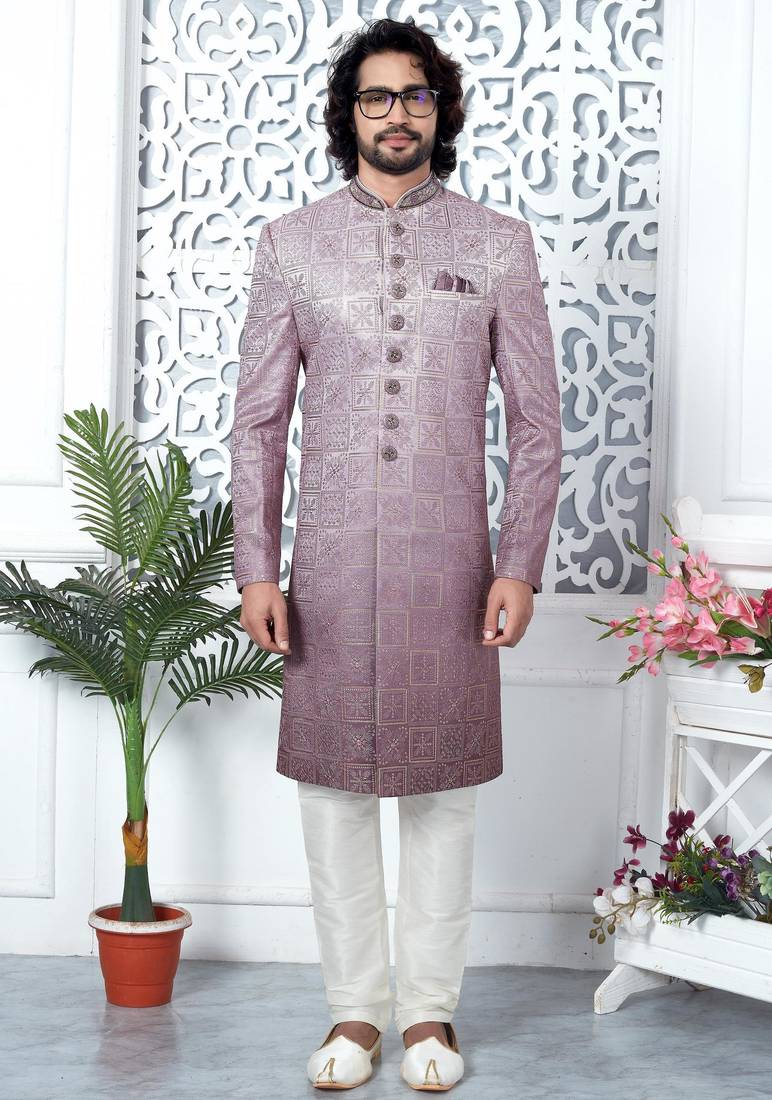 purple computer thread work on art silk sherwani for men 