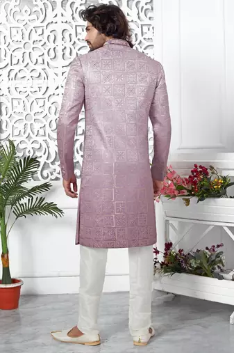 purple computer thread work on art silk sherwani for men 