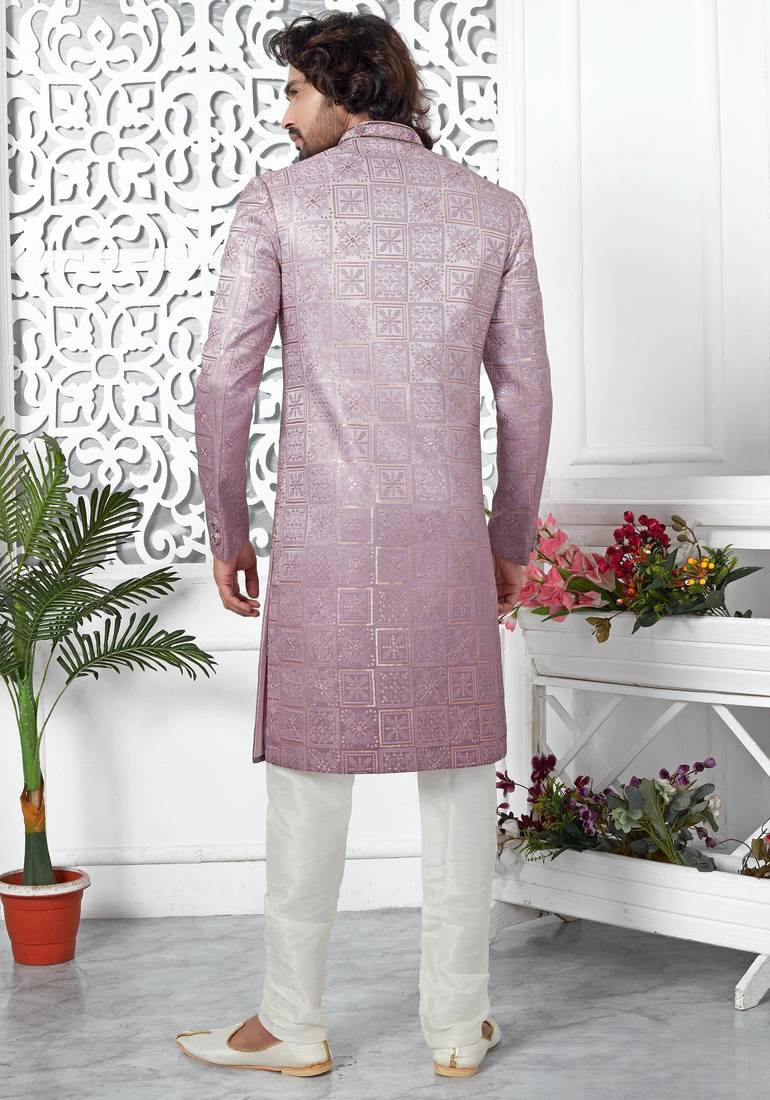 purple computer thread work on art silk sherwani for men 