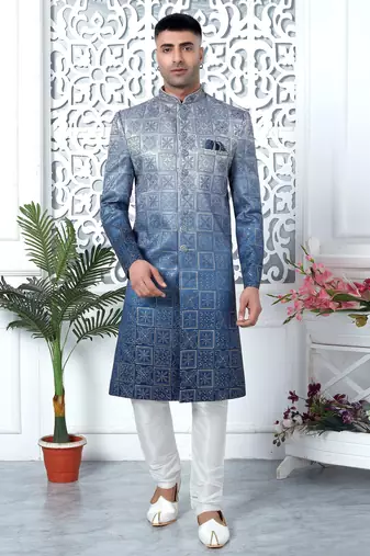 blue computer thread work on art silk sherwani for men 
