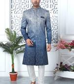blue computer thread work on art silk sherwani for men 