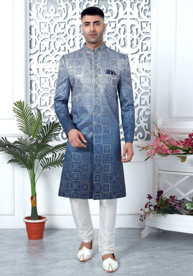 blue computer thread work on art silk sherwani for men 