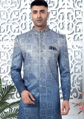 blue computer thread work on art silk sherwani for men  2