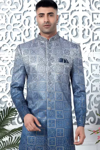 blue computer thread work on art silk sherwani for men 