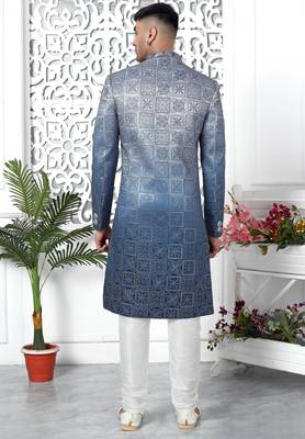 blue computer thread work on art silk sherwani for men  3