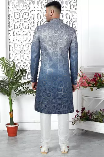blue computer thread work on art silk sherwani for men 