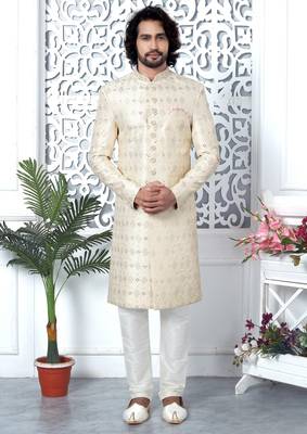 cream computer thread work on art silk sherwani for men  1