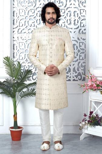 cream computer thread work on art silk sherwani for men 