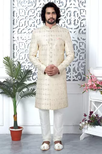 cream computer thread work on art silk sherwani for men 