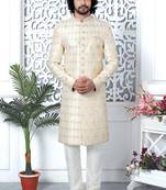cream computer thread work on art silk sherwani for men 