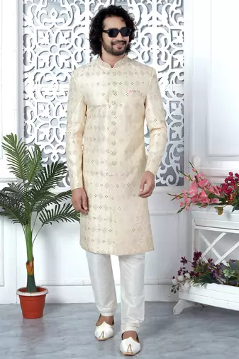 cream computer thread work on art silk sherwani for men 