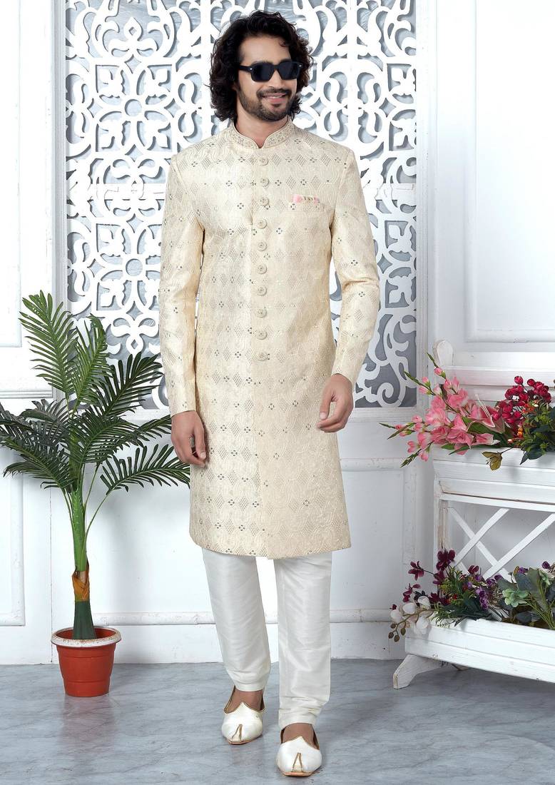 cream computer thread work on art silk sherwani for men 