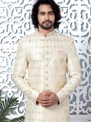 cream computer thread work on art silk sherwani for men  3