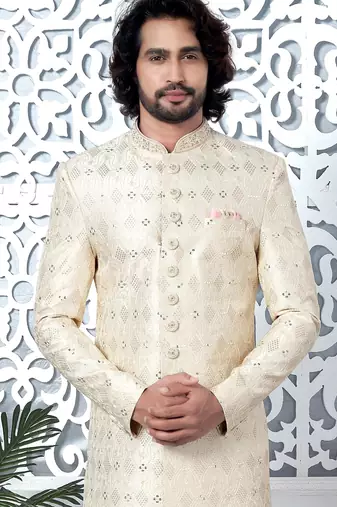 cream computer thread work on art silk sherwani for men 