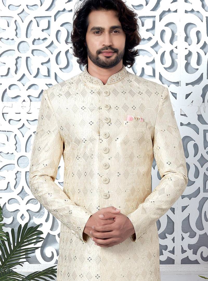 cream computer thread work on art silk sherwani for men 
