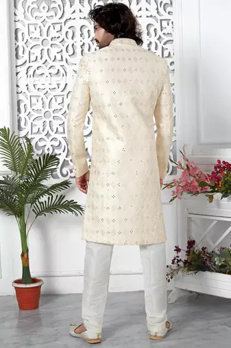 cream computer thread work on art silk sherwani for men 