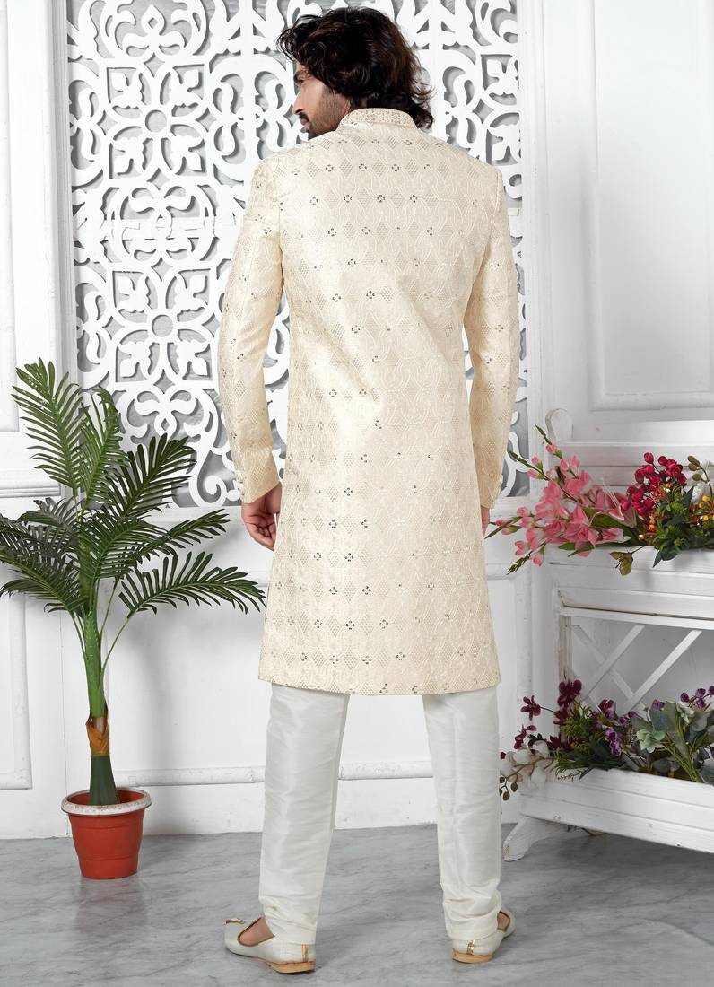 cream computer thread work on art silk sherwani for men 