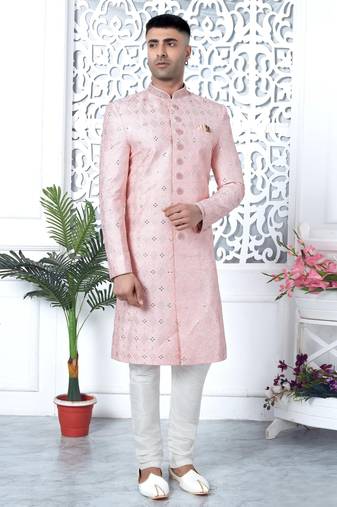 pink computer thread work on art silk sherwani for men 