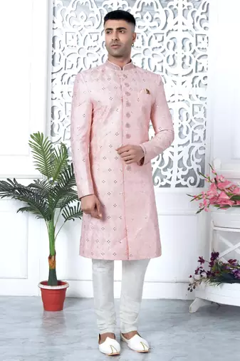 pink computer thread work on art silk sherwani for men 