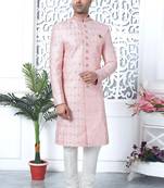 pink computer thread work on art silk sherwani for men 