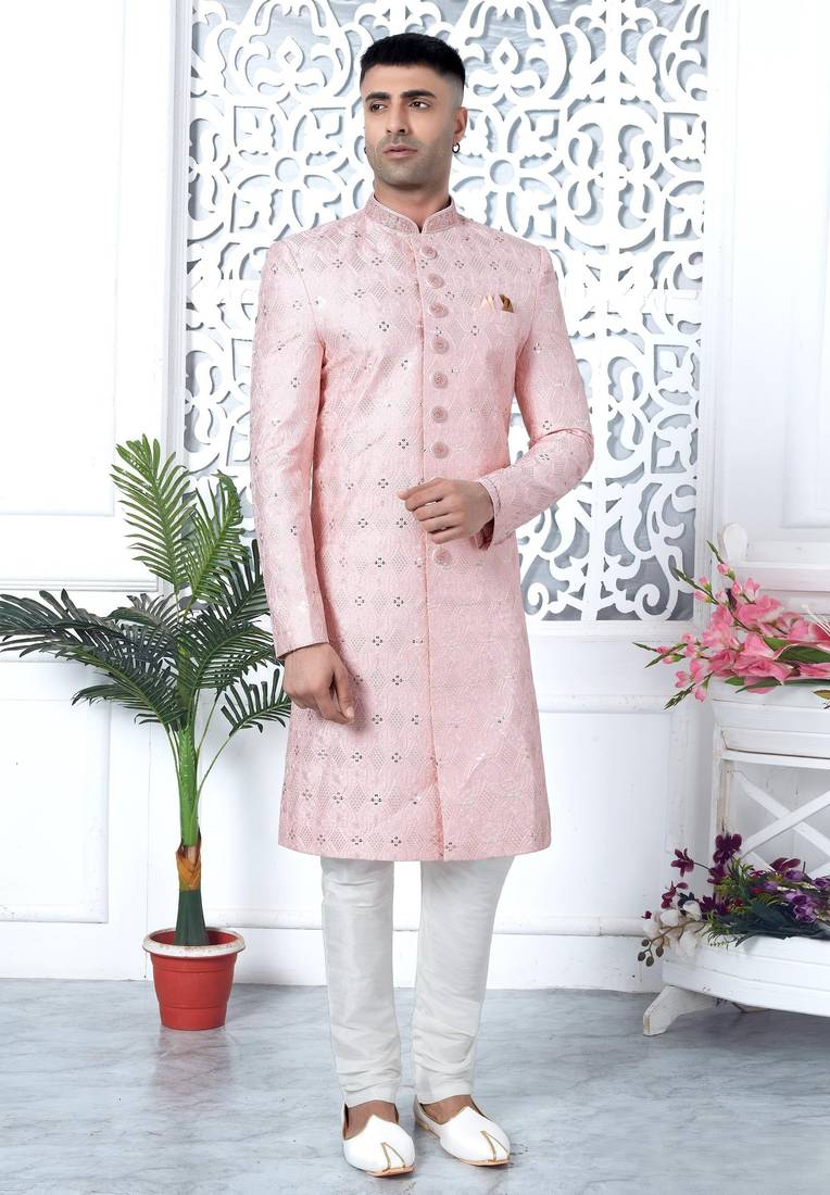 pink computer thread work on art silk sherwani for men 