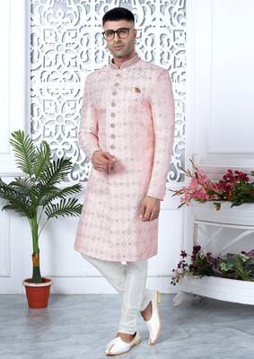 pink computer thread work on art silk sherwani for men  2