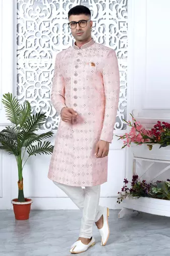pink computer thread work on art silk sherwani for men 