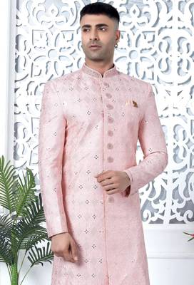 pink computer thread work on art silk sherwani for men  3