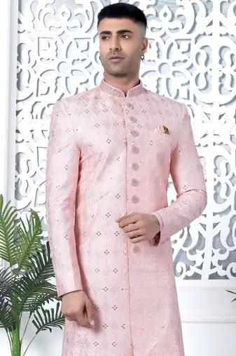 pink computer thread work on art silk sherwani for men 
