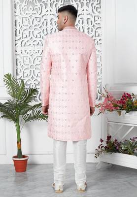 pink computer thread work on art silk sherwani for men  4