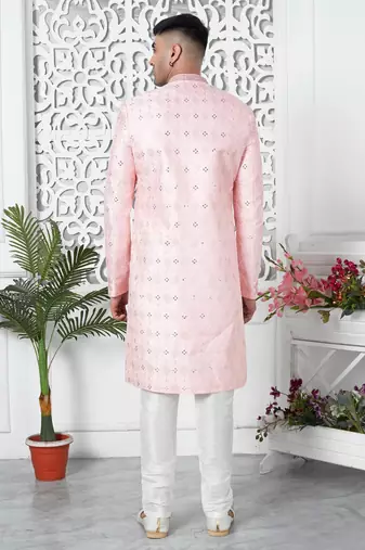 pink computer thread work on art silk sherwani for men 
