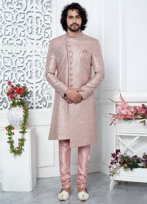 onion pink computer thread work on art silk sherwani for men  1