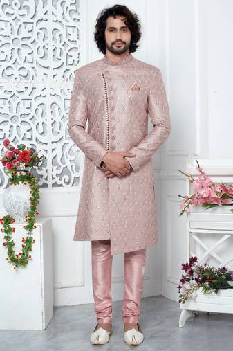 onion pink computer thread work on art silk sherwani for men 