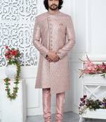 onion pink computer thread work on art silk sherwani for men 