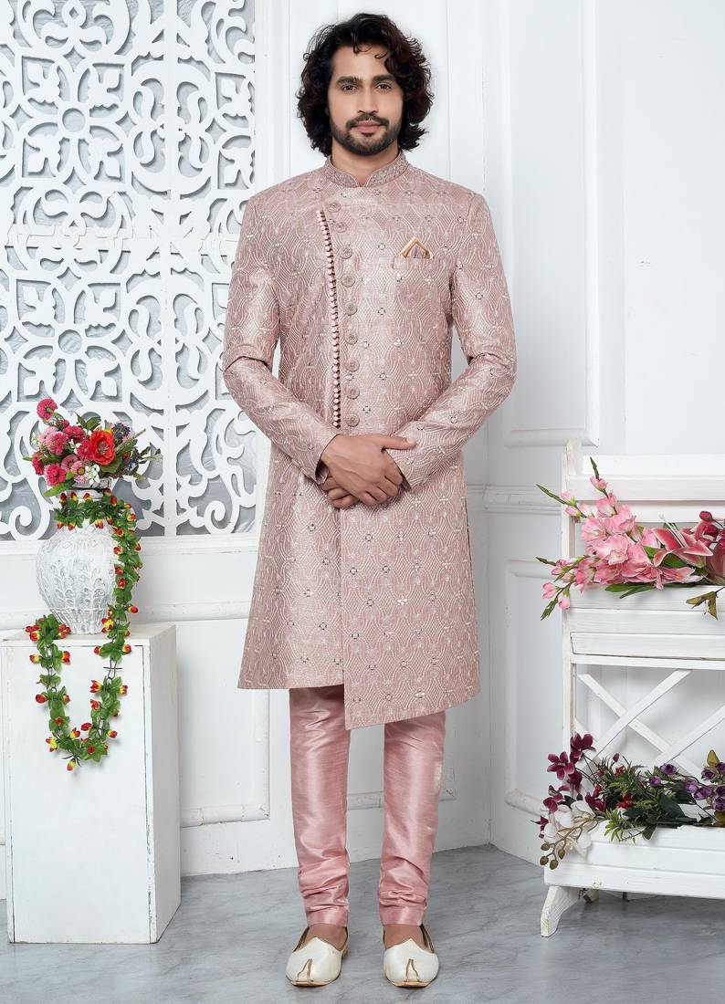 onion pink computer thread work on art silk sherwani for men 