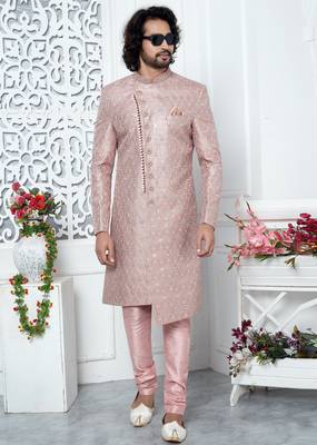 onion pink computer thread work on art silk sherwani for men  2