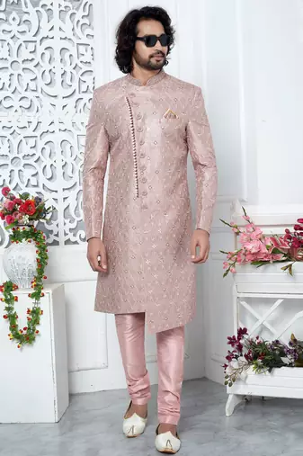 onion pink computer thread work on art silk sherwani for men 