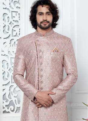 onion pink computer thread work on art silk sherwani for men  3