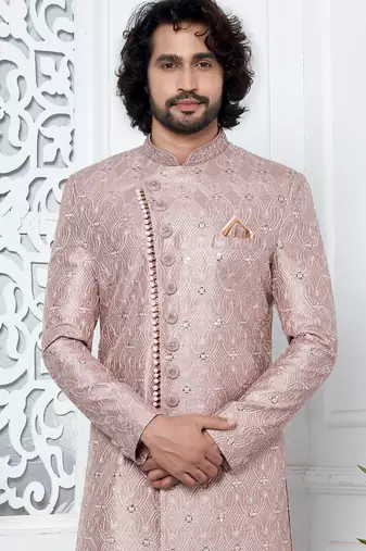 onion pink computer thread work on art silk sherwani for men 