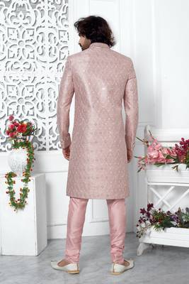 onion pink computer thread work on art silk sherwani for men  4