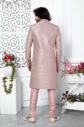 onion pink computer thread work on art silk sherwani for men 
