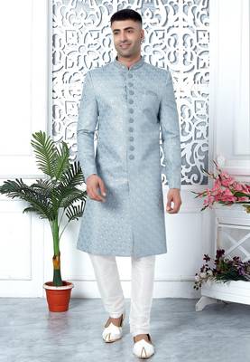 blue computer thread work on art silk sherwani for men  1