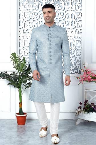 blue computer thread work on art silk sherwani for men 