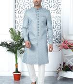 blue computer thread work on art silk sherwani for men 