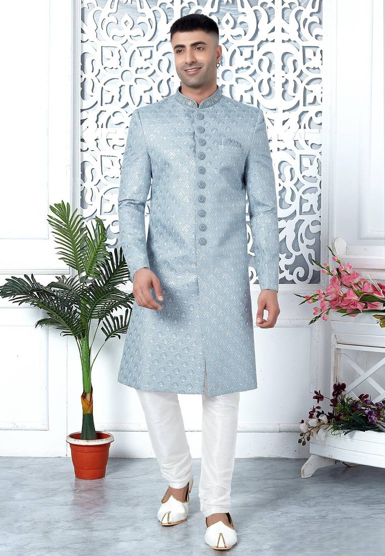 blue computer thread work on art silk sherwani for men 