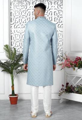 blue computer thread work on art silk sherwani for men  2
