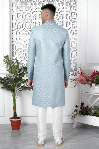 blue computer thread work on art silk sherwani for men 